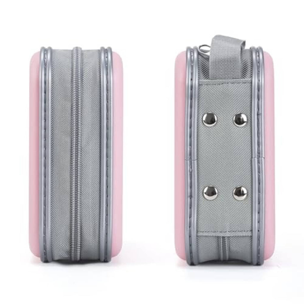 Light pink CD case side view with gray fabric zipper straps and reinforced corners