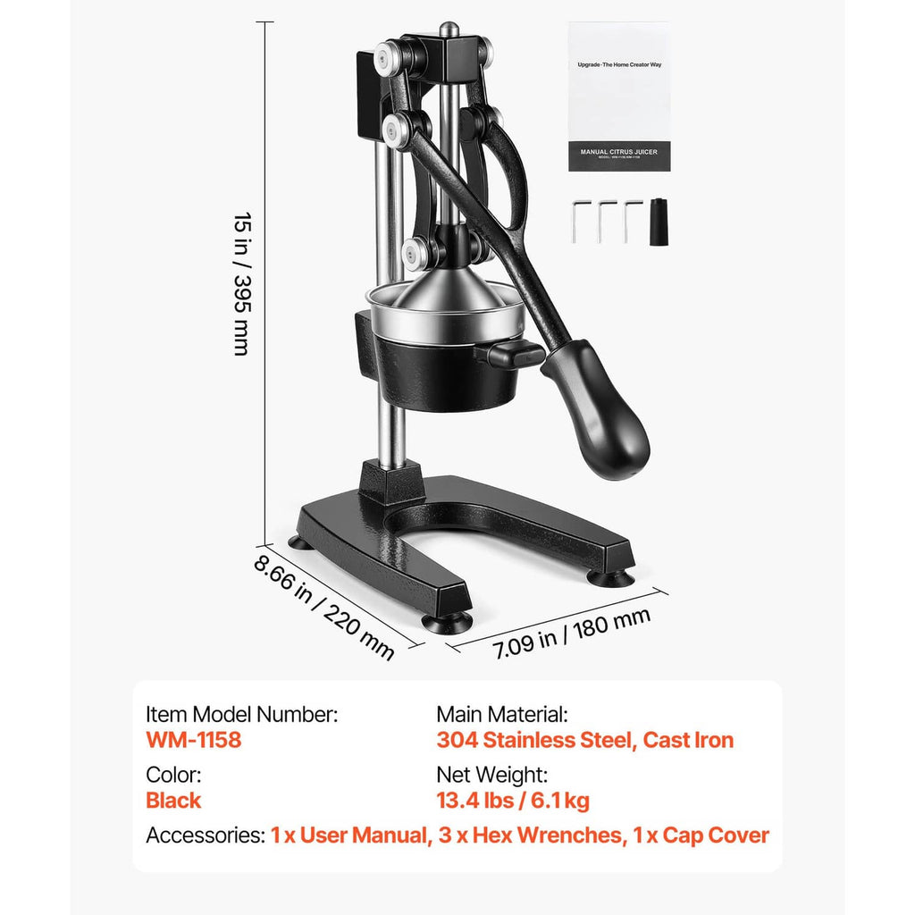Manual citrus juicer press with measurement view of black base and tall frame