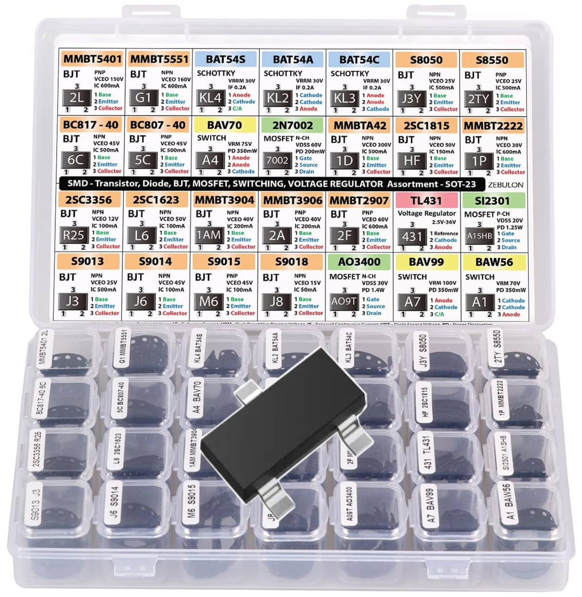 Electronic component assortment in clear organizer case with labeled SMD transistors