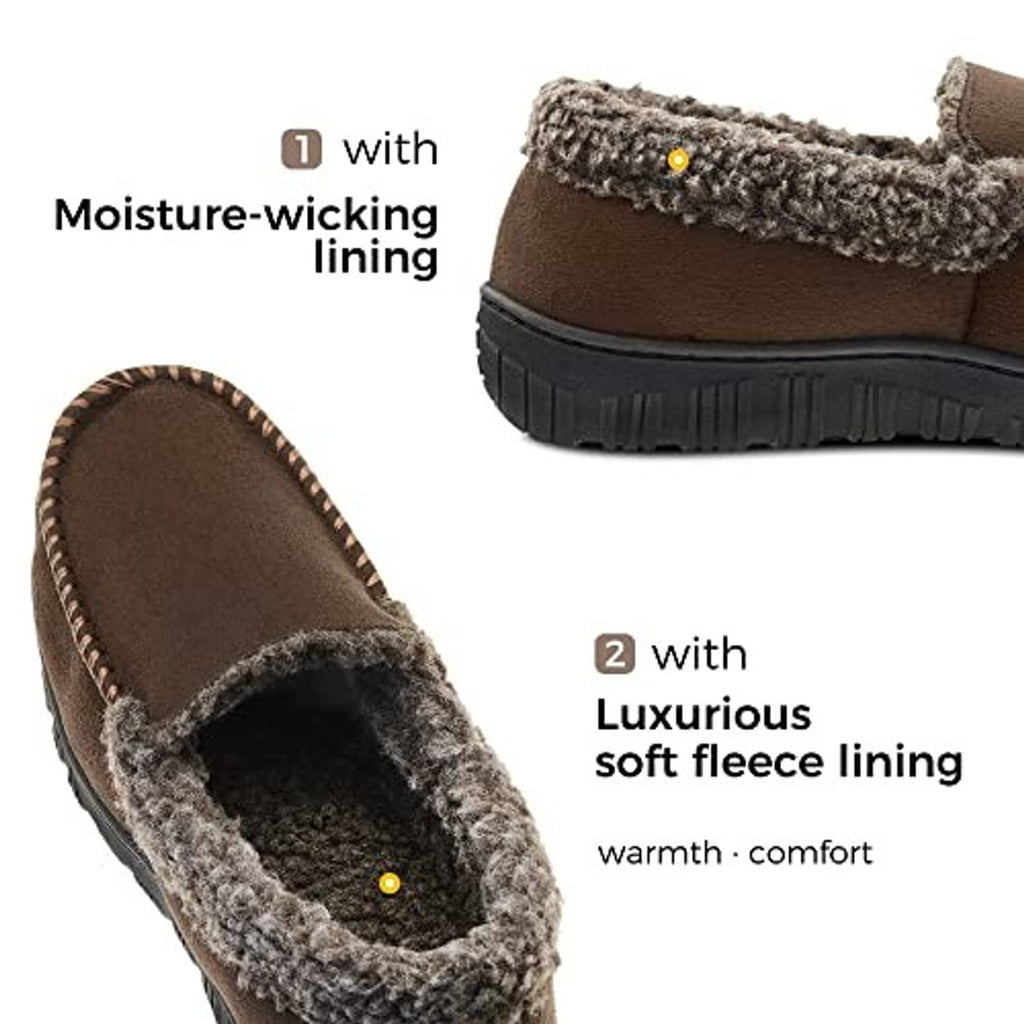 Brown suede-look moccasin slippers with fuzzy lining around opening