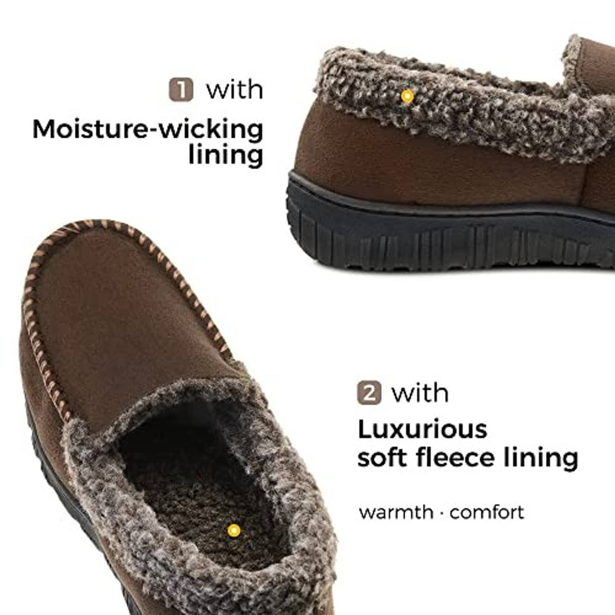 Brown suede-look moccasin slippers with fuzzy lining around opening