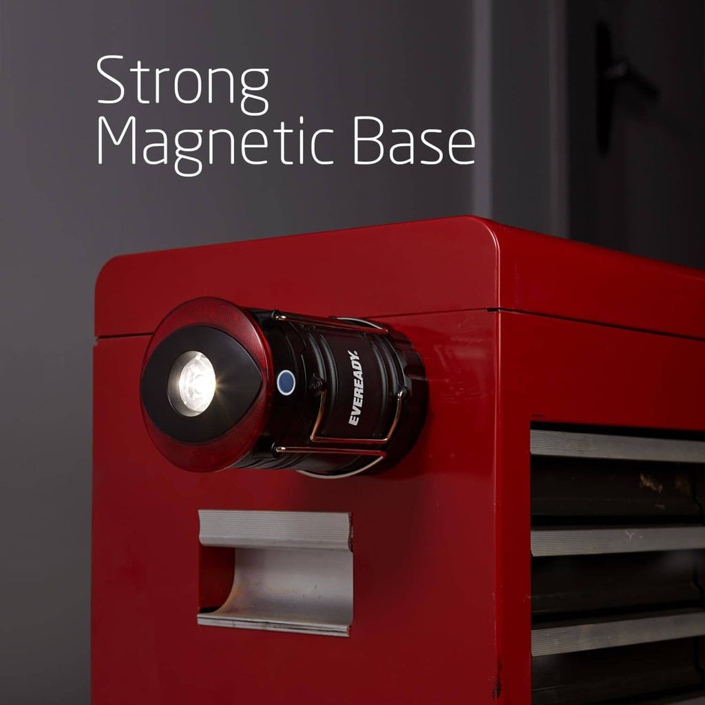 Rechargeable lantern with magnetic base, black body with red accent and front spotlight