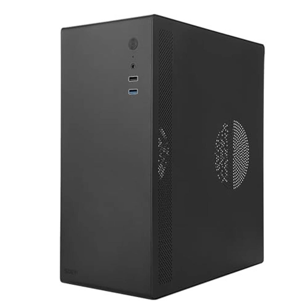 Black mini desktop PC case with side mesh vent and perforated circular design