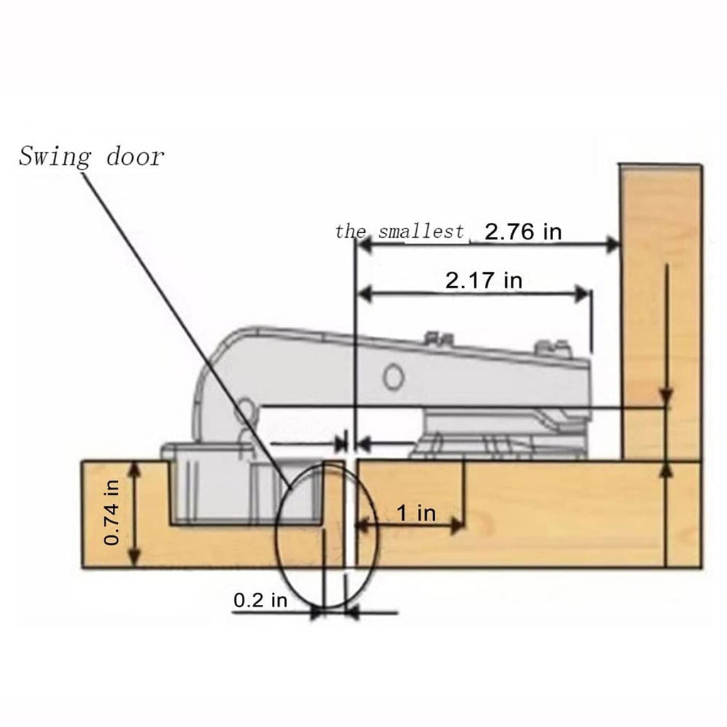 Concealed corner cabinet hinge diagram, shows door swing and clearance
