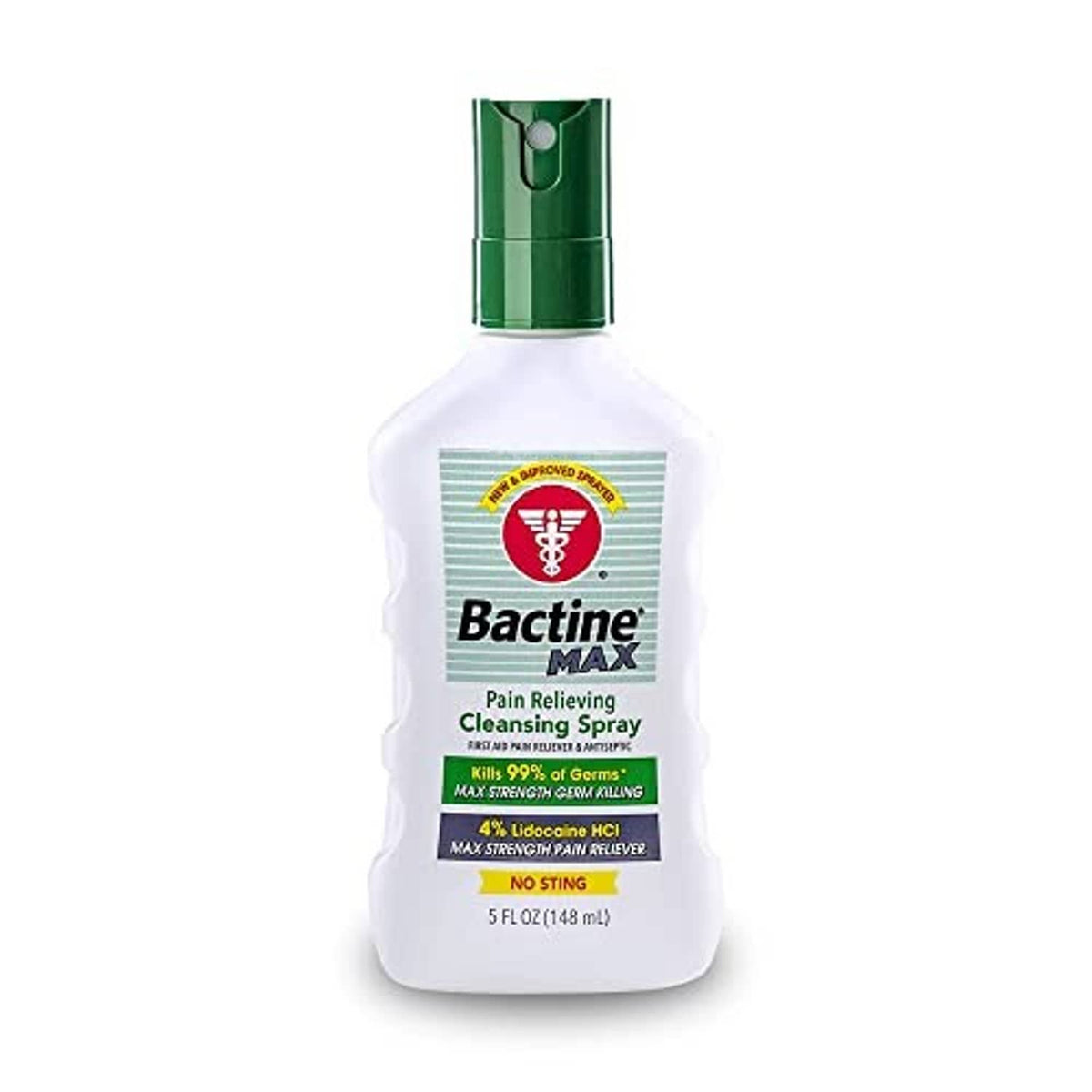 Bactine Max pain relief cleansing spray bottle with green nozzle