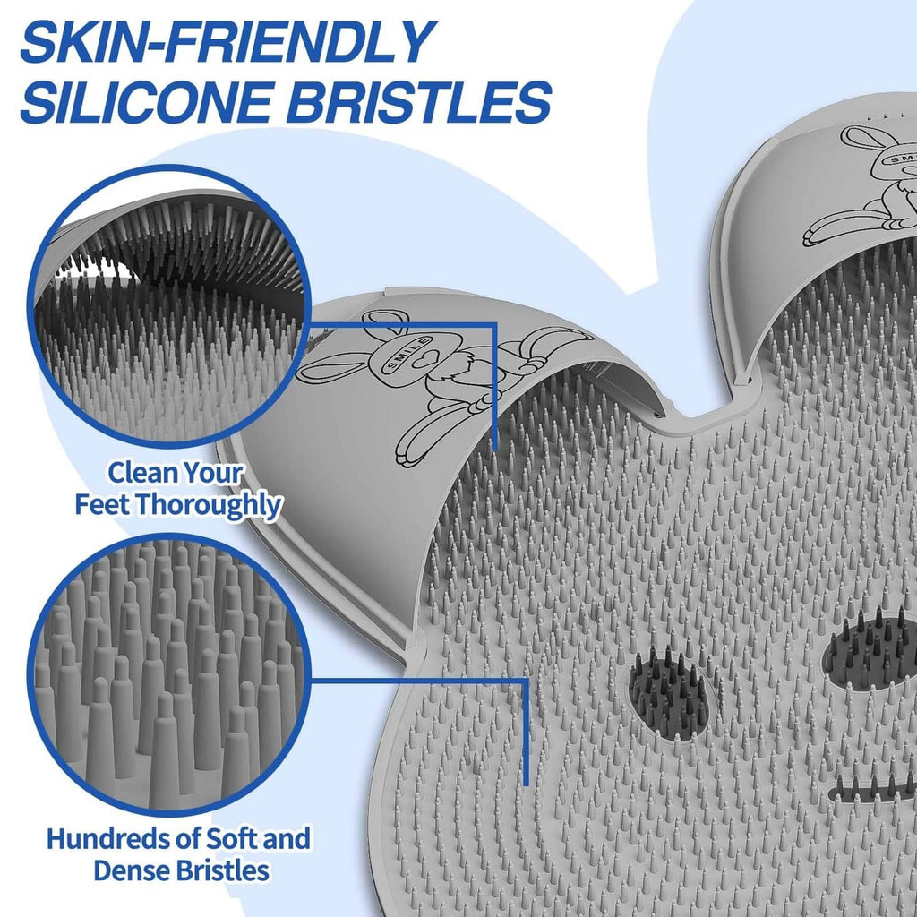 Gray silicone bristle surface on rabbit foot scrubber mat, close-up texture