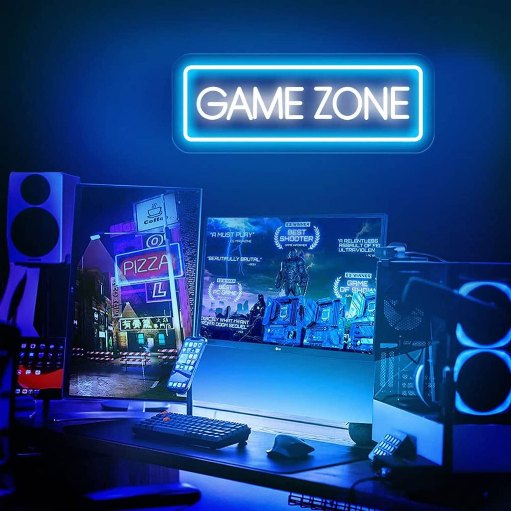 Blue framed GAME ZONE neon sign with bright white text, rounded rectangle shape