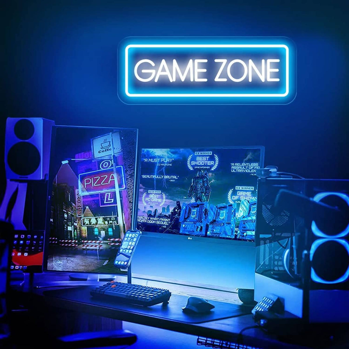 Blue framed GAME ZONE neon sign with bright white text, rounded rectangle shape