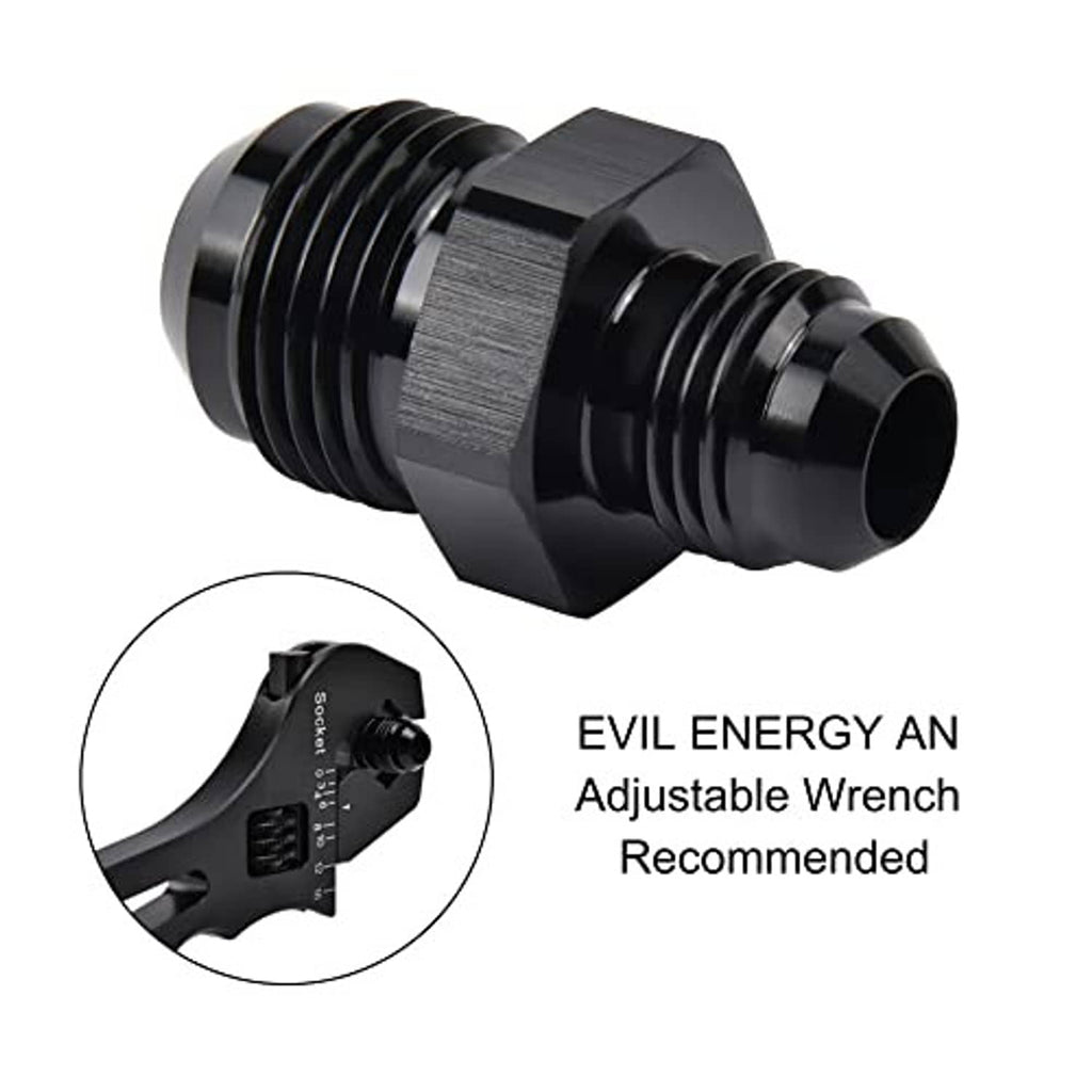 Black AN flare reducer coupler with wrench-fit hex section and male threads