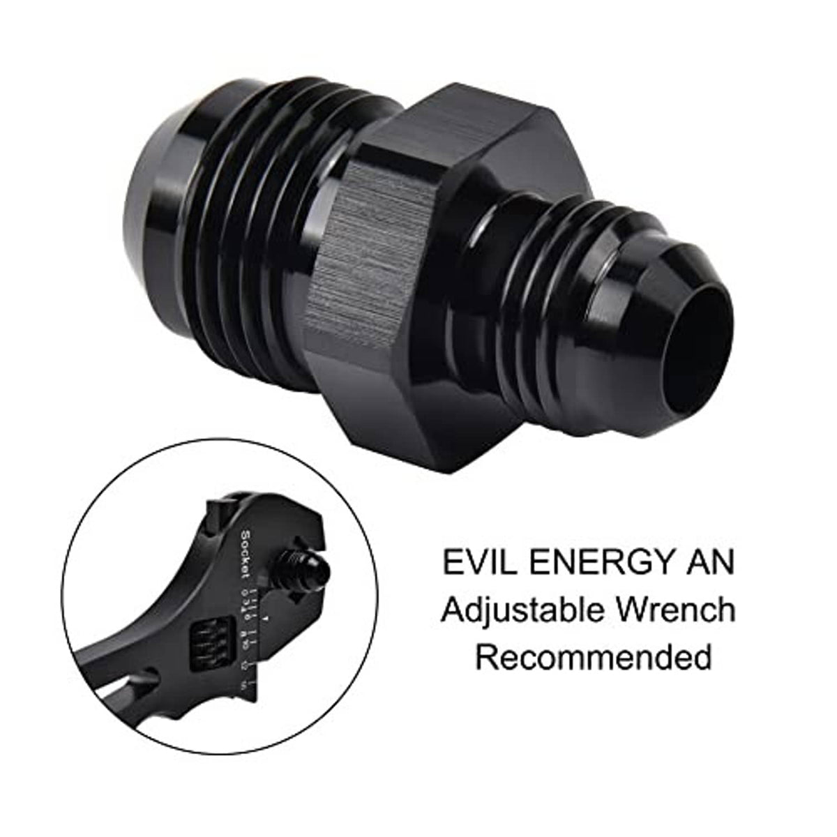 Black AN flare reducer coupler with wrench-fit hex section and male threads