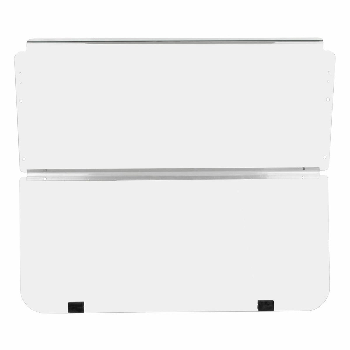Clear folding windshield panel with aluminum rails and black mounting feet