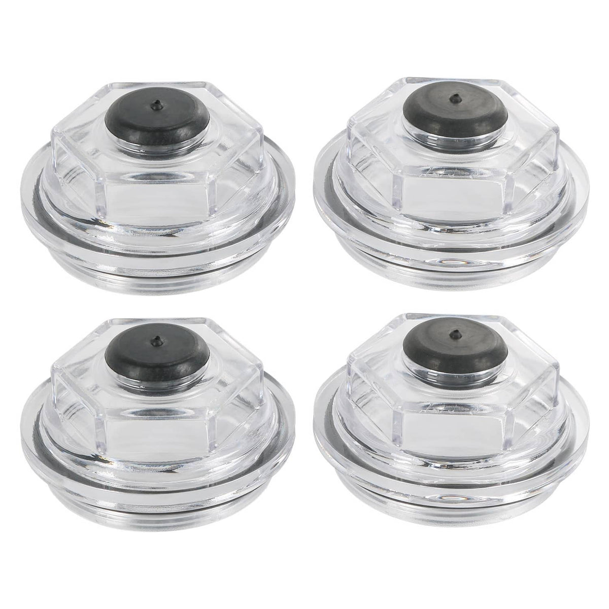 Set of four clear oil bath dust caps with black center inserts for trailer axles