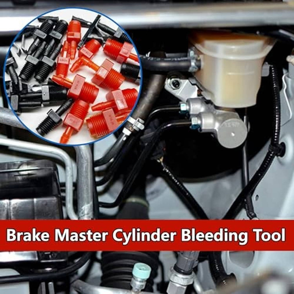 Vehicle engine bay showing brake master cylinder bleeder tool with connected hoses and fittings