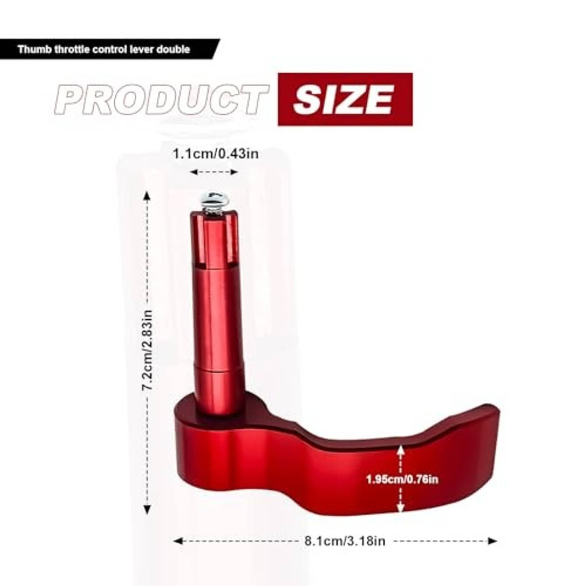 Red thumb throttle control lever on size diagram showing overall dimensions