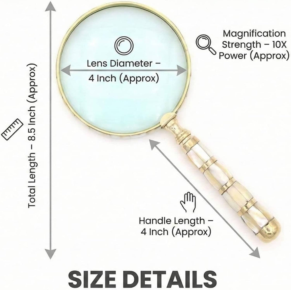 Mother-of-pearl magnifying glass with gold rim and striped handle on size diagram