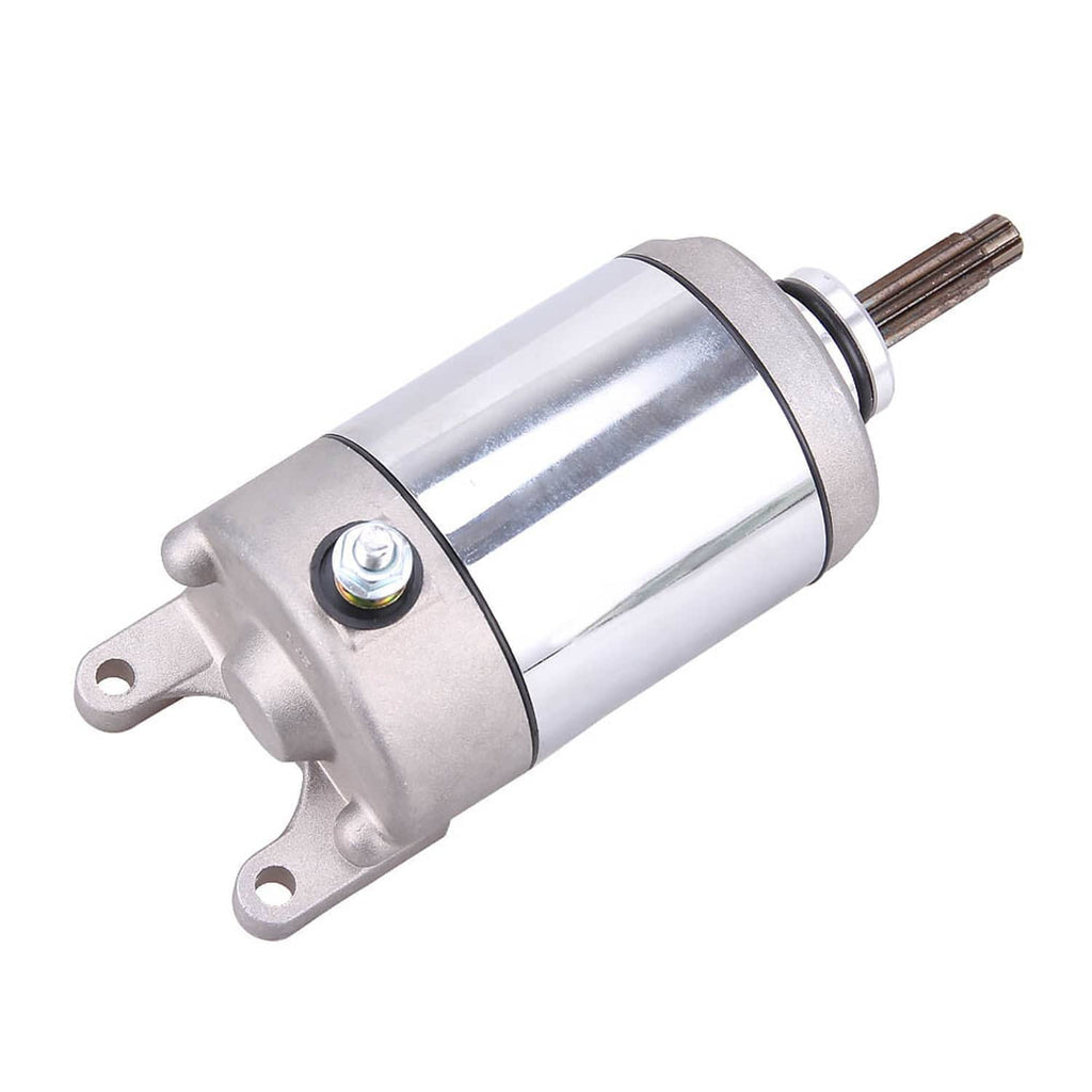 Starter motor assembly with silver cylindrical body, side mount, and pinion shaft