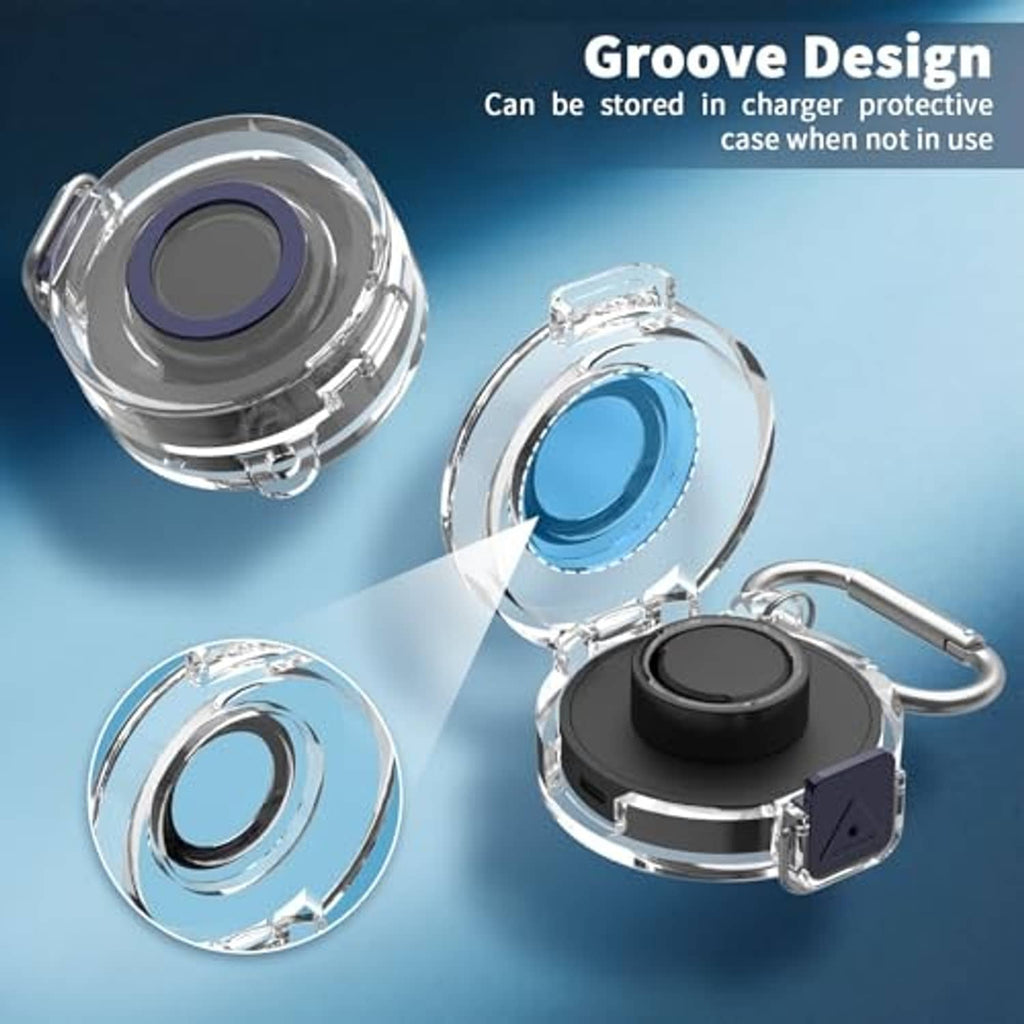 Set of clear charging-case parts with black insert and ring opening, shown in pieces