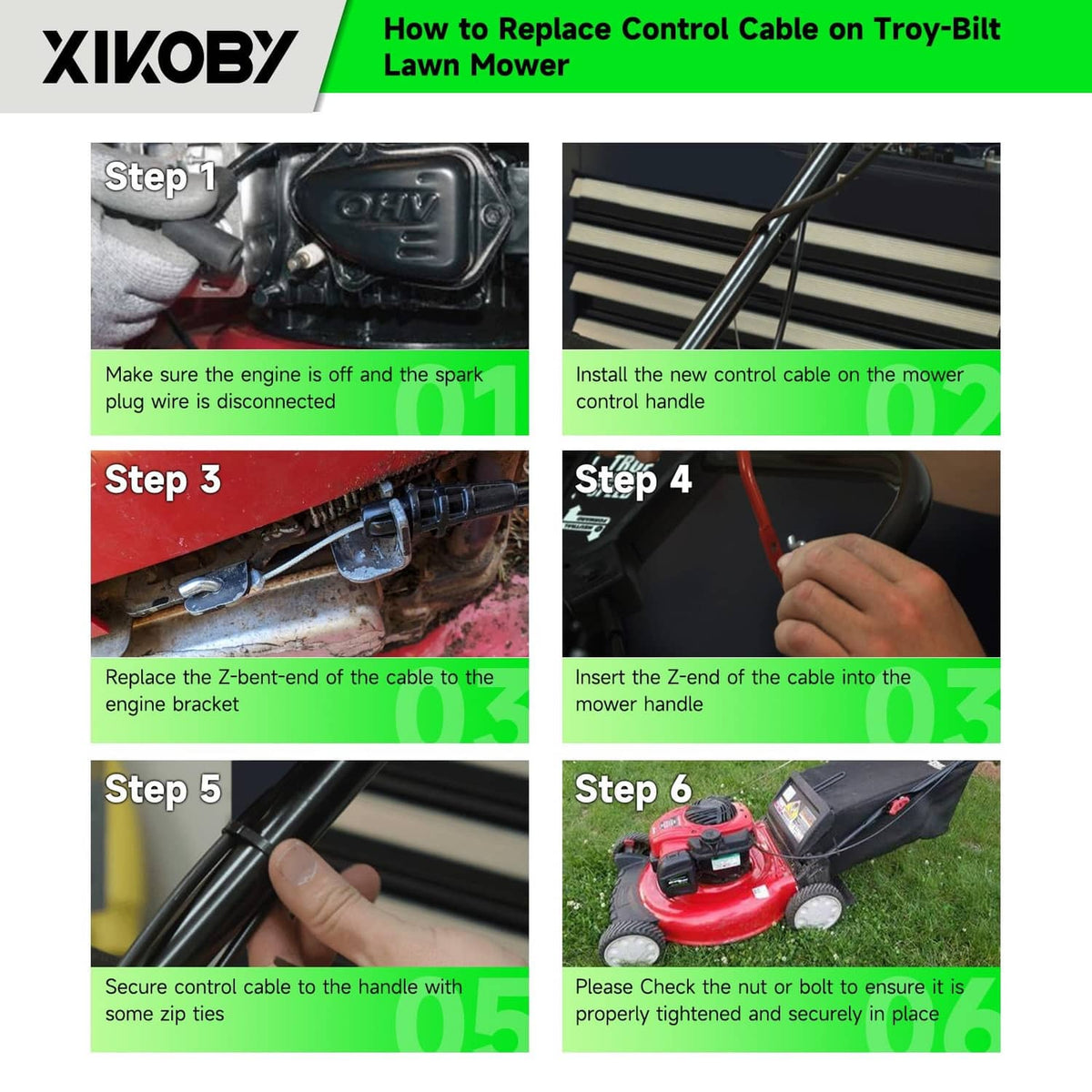 XIKOBY control cable installation steps shown for lawn mower throttle cable