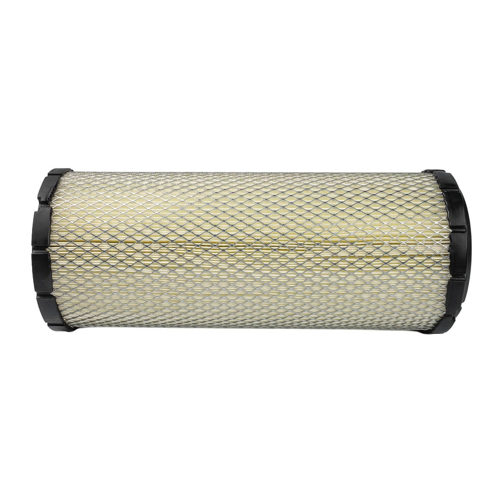 Cylindrical air filter with pleated mesh media and black end caps, horizontal