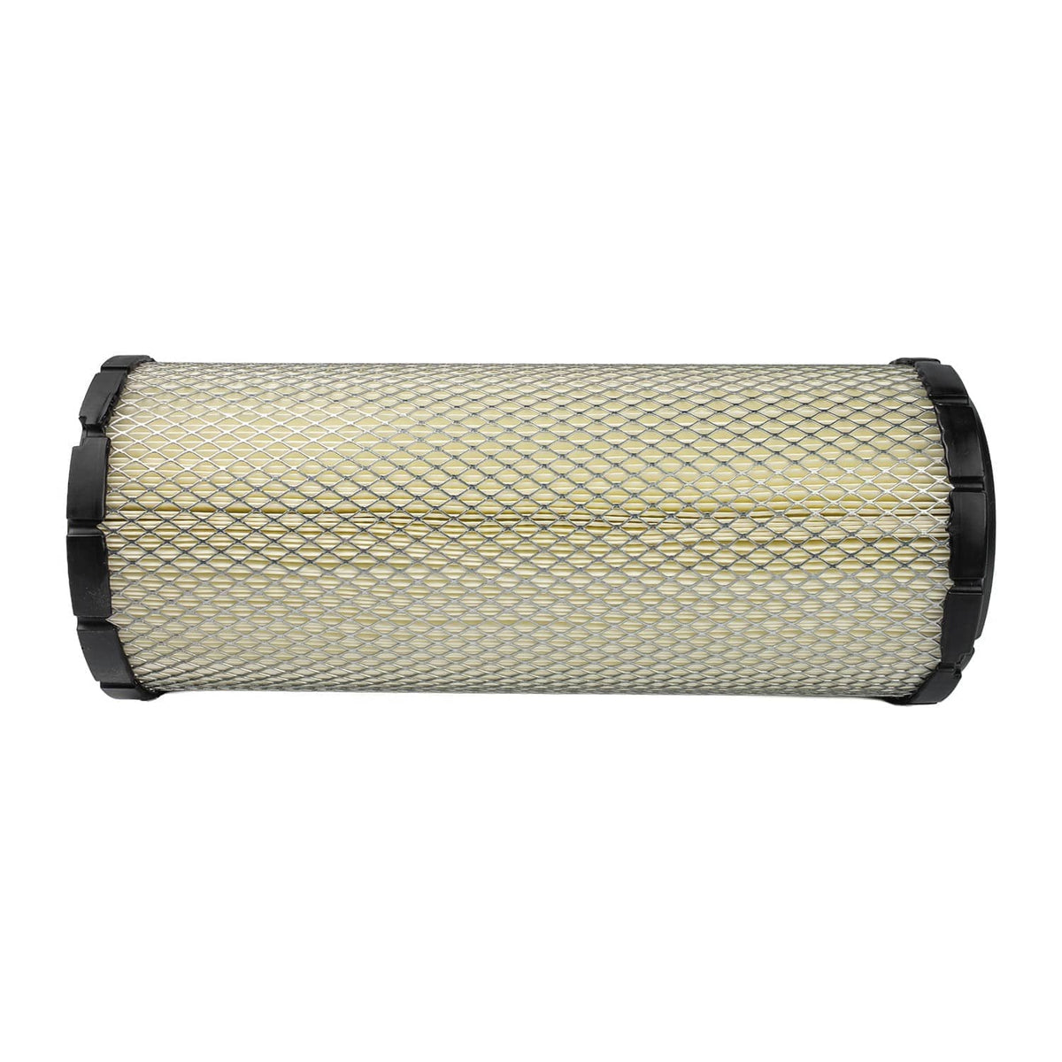Cylindrical air filter with pleated mesh media and black end caps, horizontal