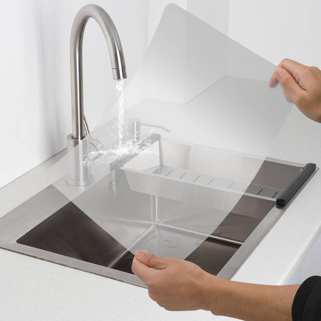 Clear matte plastic placemat protecting a countertop under a faucet