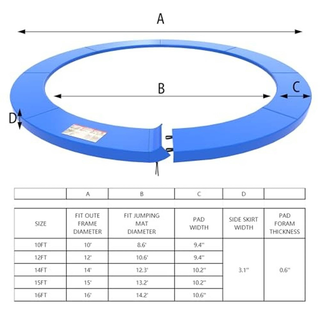 Trampoline pad size chart with labeled dimensions for 10–16 ft trampolines