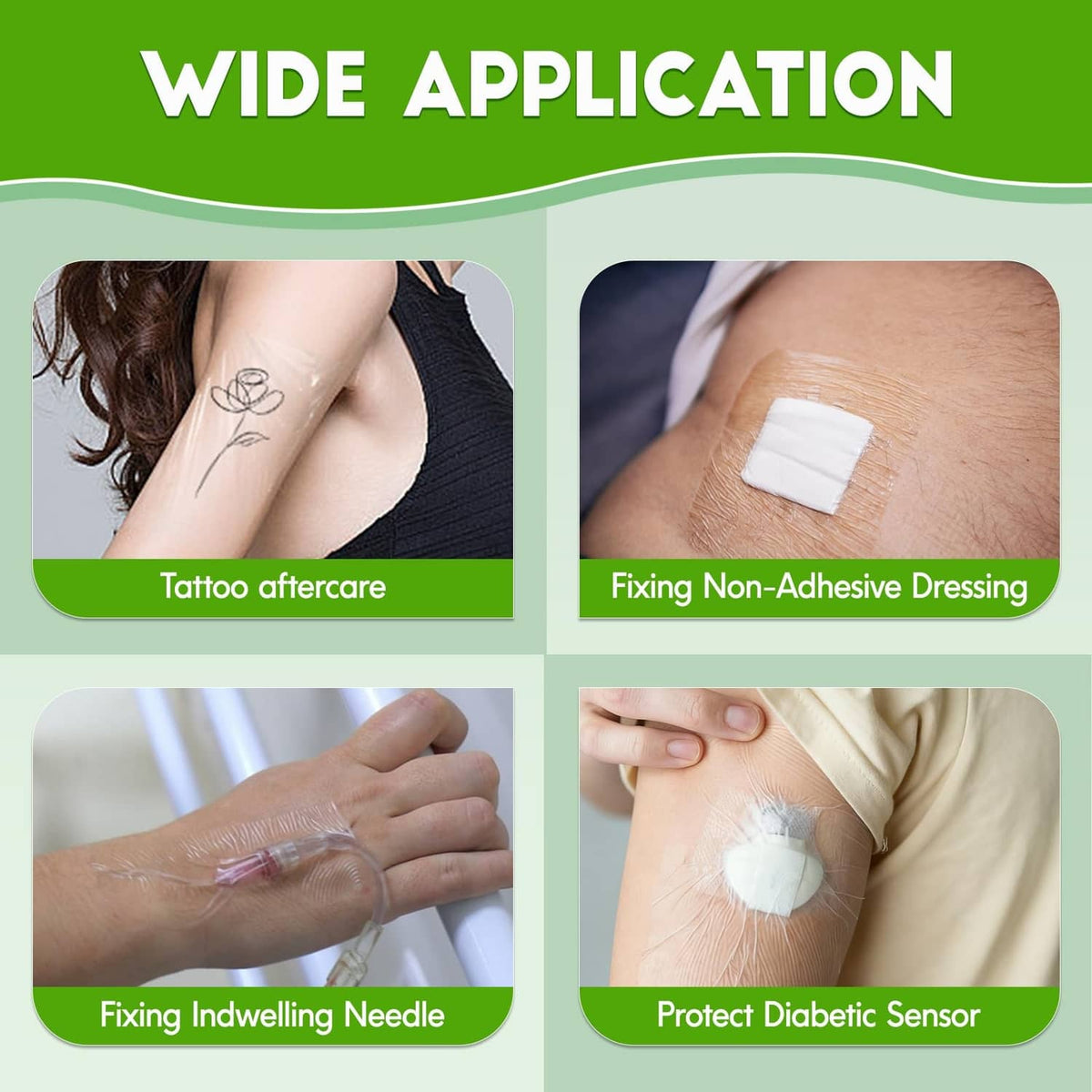Transparent film dressing shown on skin for tattoo aftercare and sensor protection