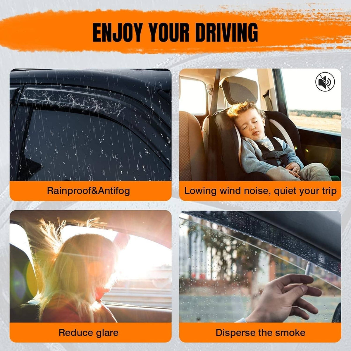 Window visor rain guard helping shed water droplets on a car window