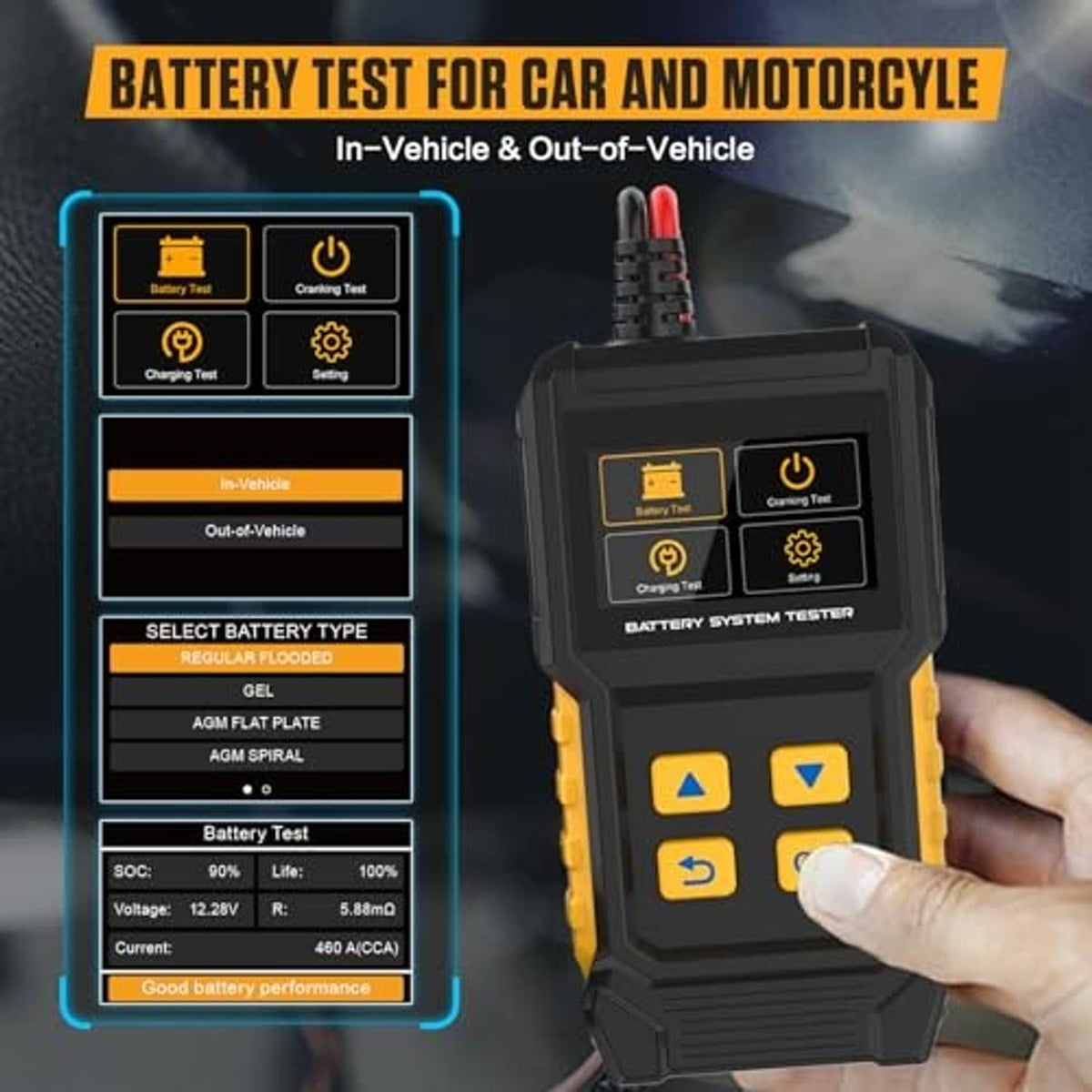 Battery system tester in hand with red/black clamp cables