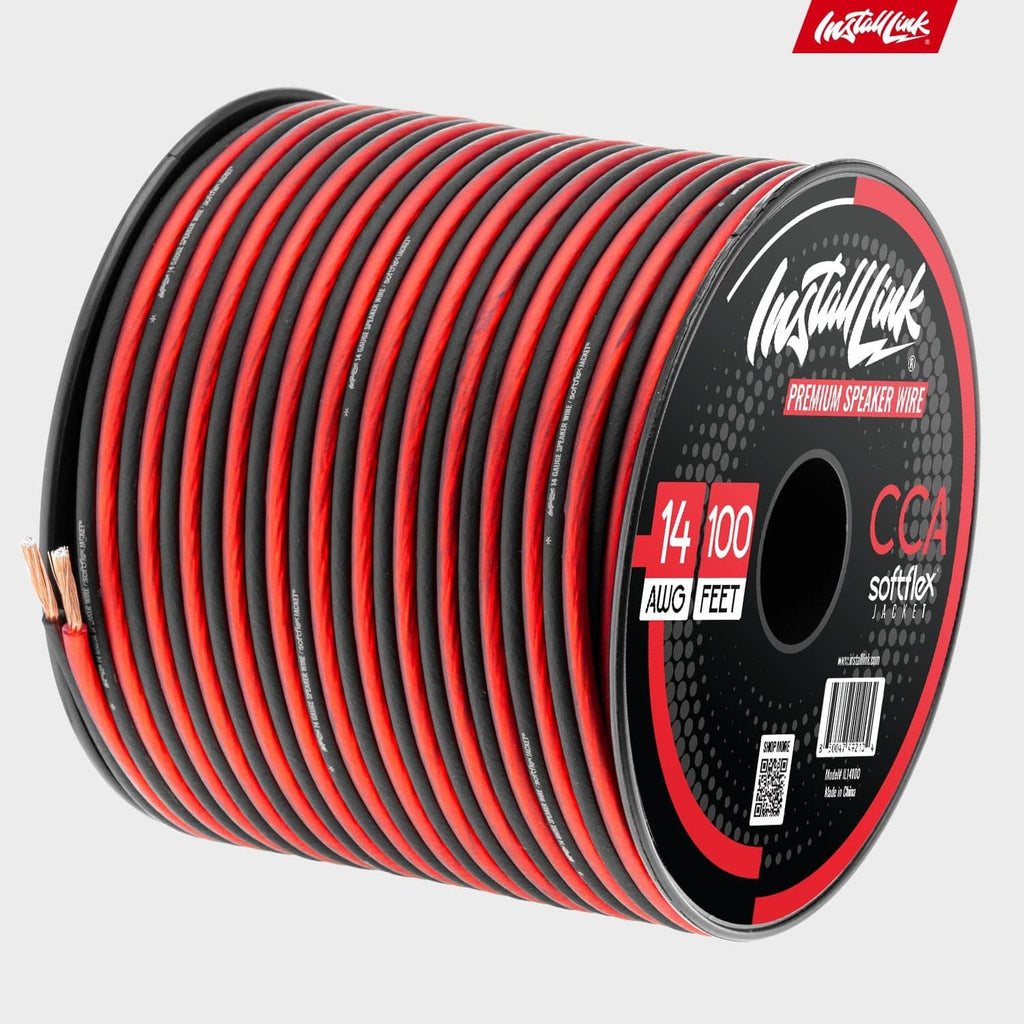 Coiled 14 AWG speaker wire on a spool with red-and-black striped cable