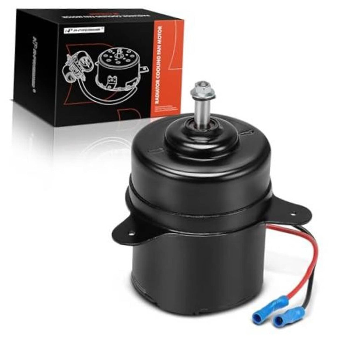 Black left radiator fan motor assembly with mounting bracket and red/blue wire terminals