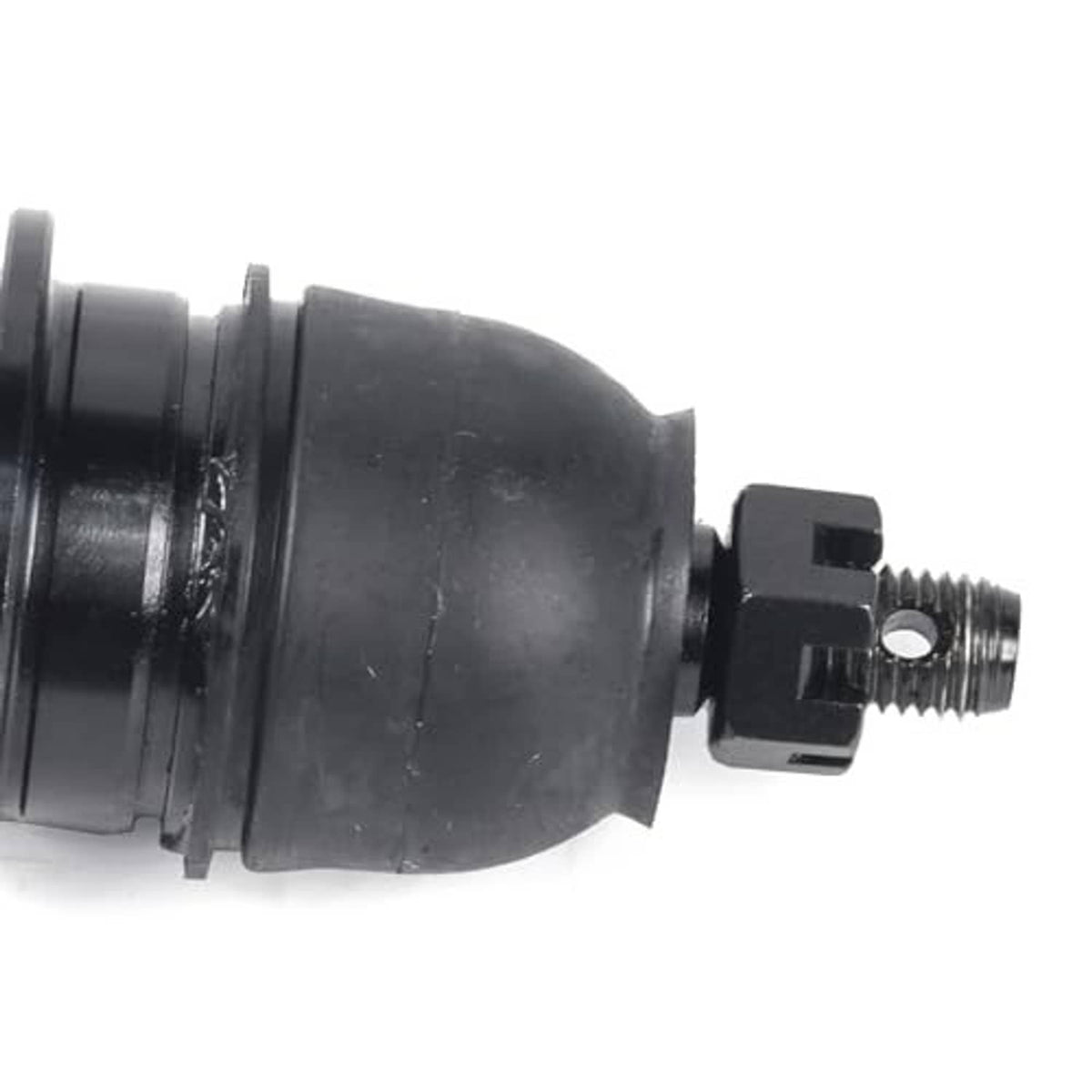 Close-up of black ball joint dust boot and threaded stud with mounting bracket