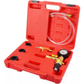 Coolant vacuum refill tool kit in red carrying case with gauge and adapters