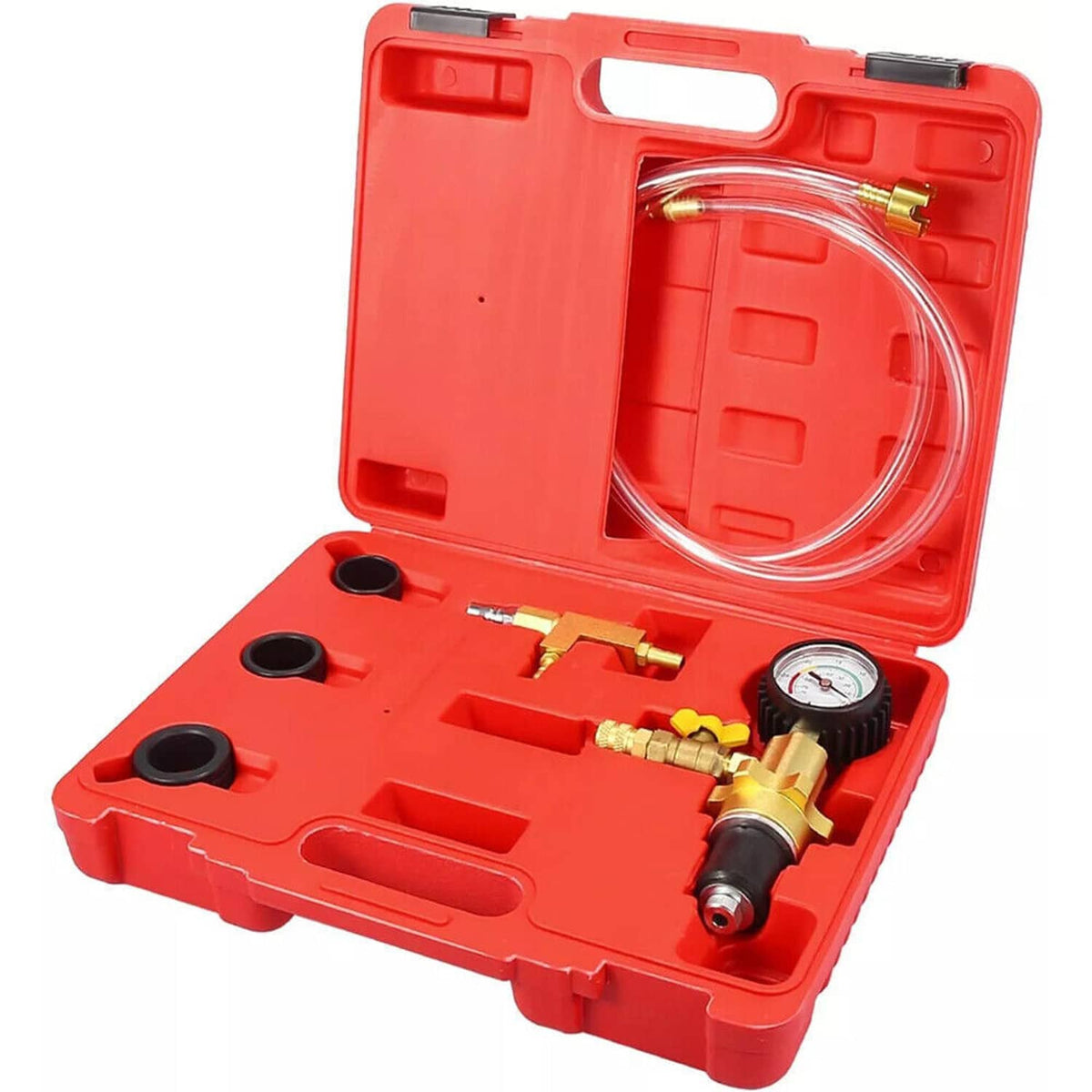Coolant vacuum refill tool kit in red carrying case with gauge and adapters