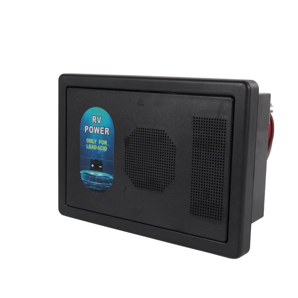 Closed black RV power converter faceplate with RV Power lead-acid label and vent openings