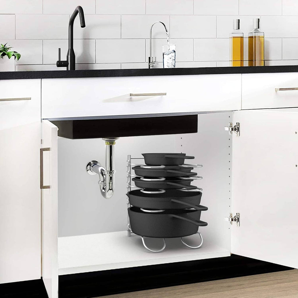 Kitchen cabinet cookware rack with chrome frame and black pan storage tiers