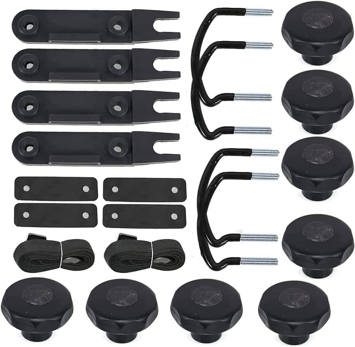 Black roof rack mounting hardware kit with brackets, U-bolts, bolts, and knobs