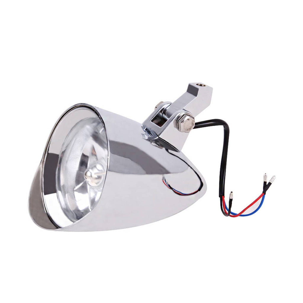 Chrome tri-bar motorcycle headlight with round lens and side bracket
