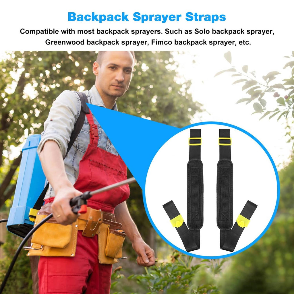 Black backpack sprayer straps with yellow end clips and adjustable buckle tabs