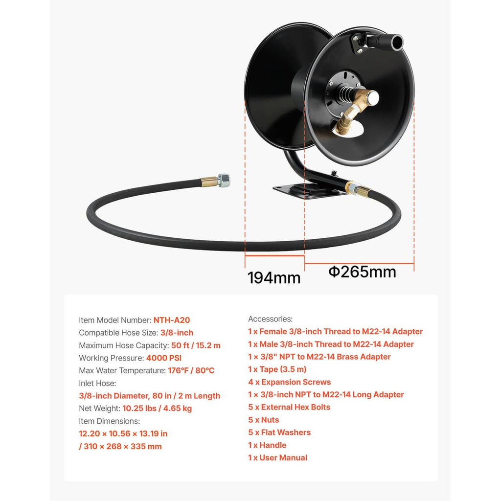 Black pressure washer hose reel with measurements and brass inlet connector
