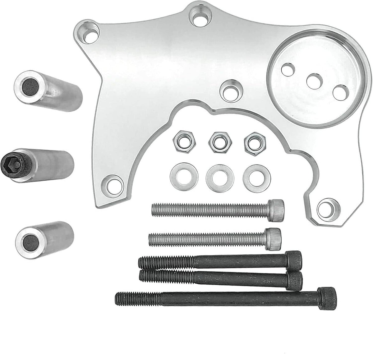 High-mount A/C bracket plate with bolts, washers, and nuts kit, silver metal finish