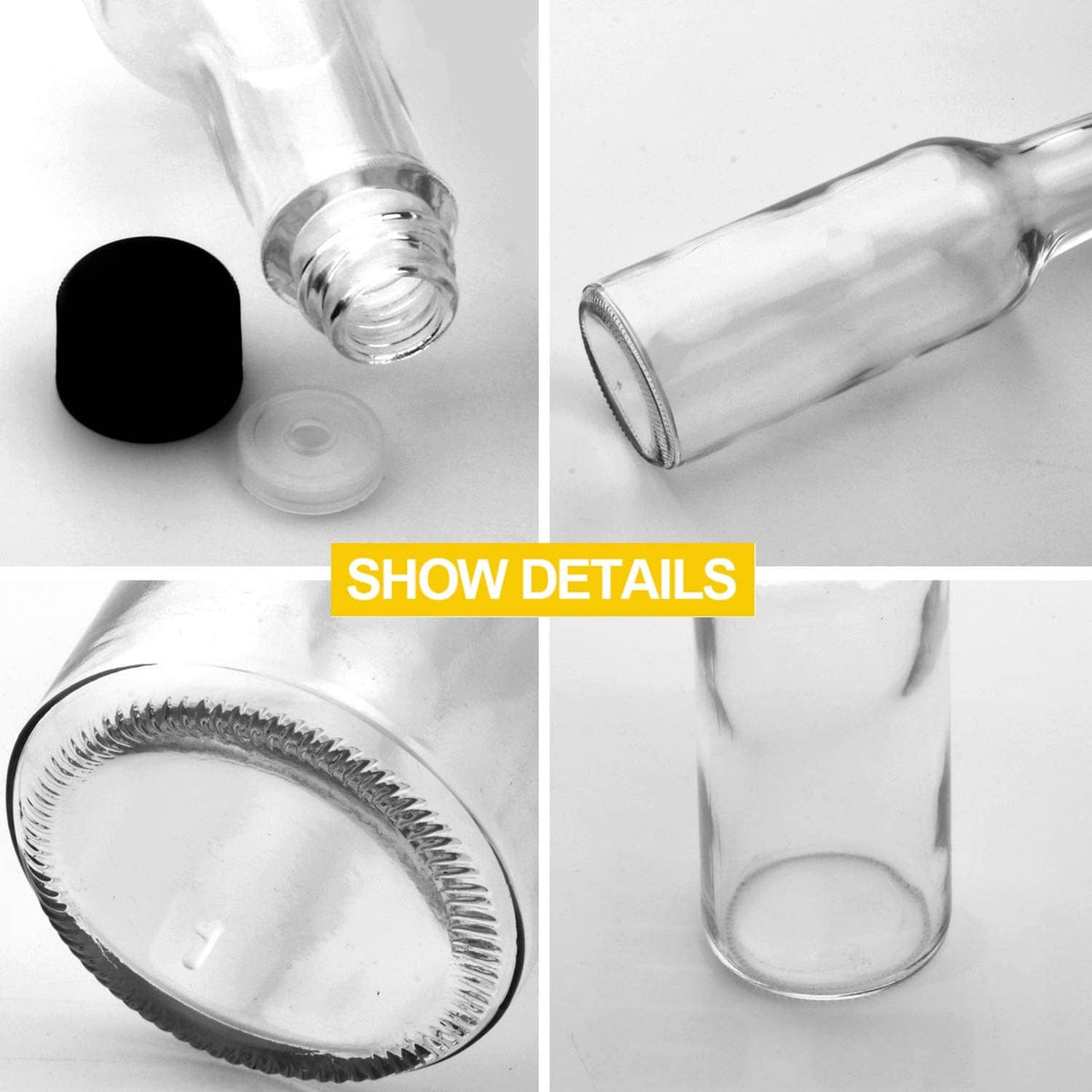 Close-up of clear glass hot sauce bottle mouth and black cap with sealing insert