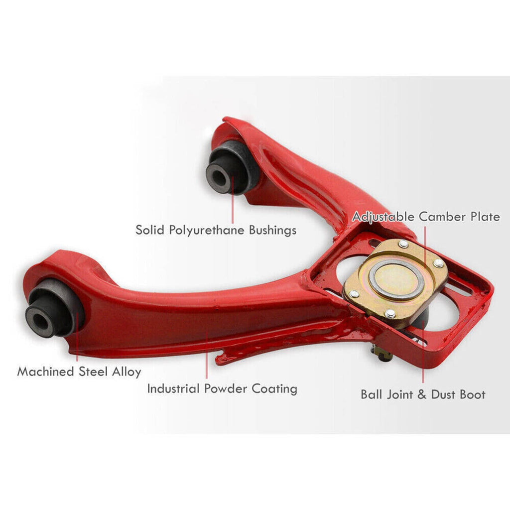 Red adjustable camber control arm with polyurethane bushings and ball joint dust boot