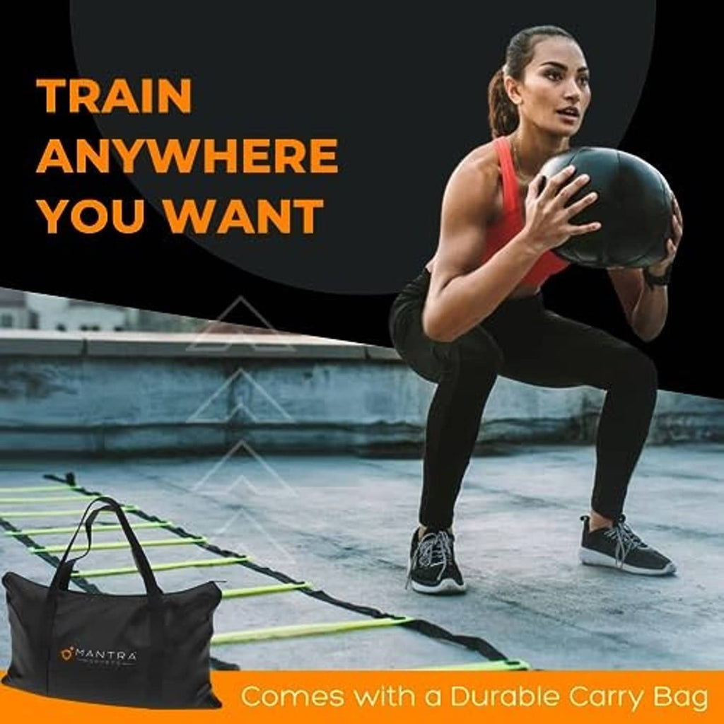 Agility ladder with bright yellow rungs and black straps set on outdoor training ground