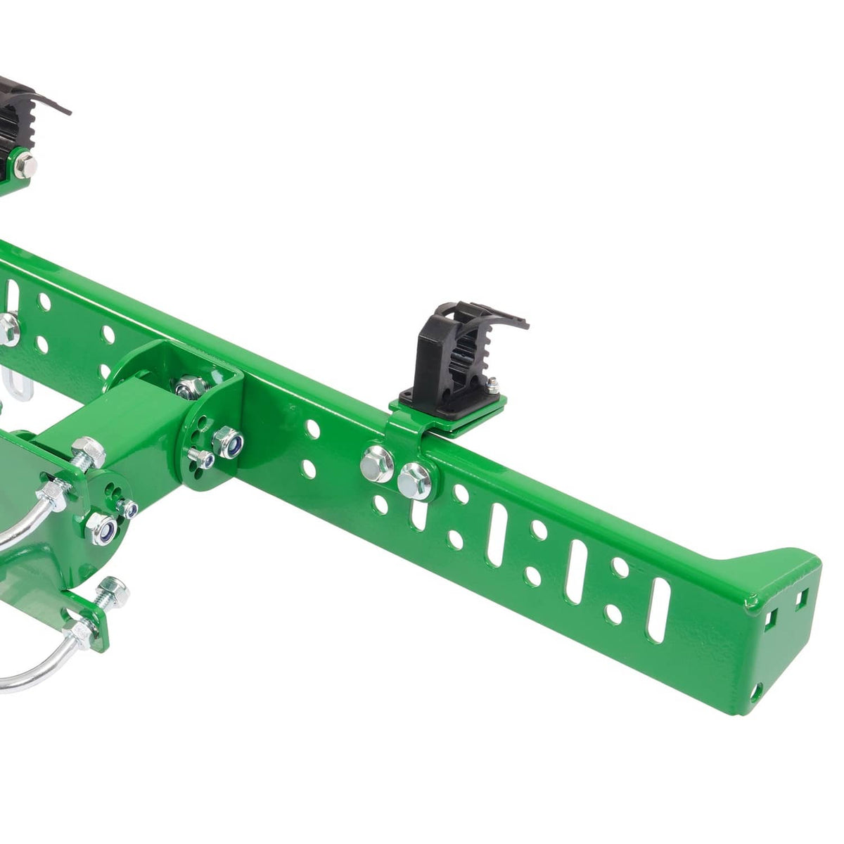Green roll bar trimmer rack holder bracket with black clamp and mounting bolt hardware