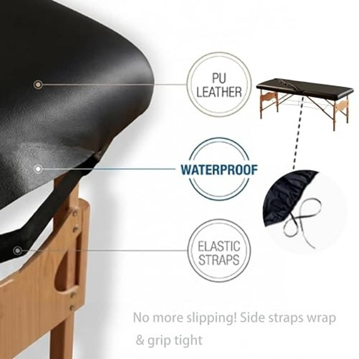Black PU leather massage table cover with textured surface and elastic side straps