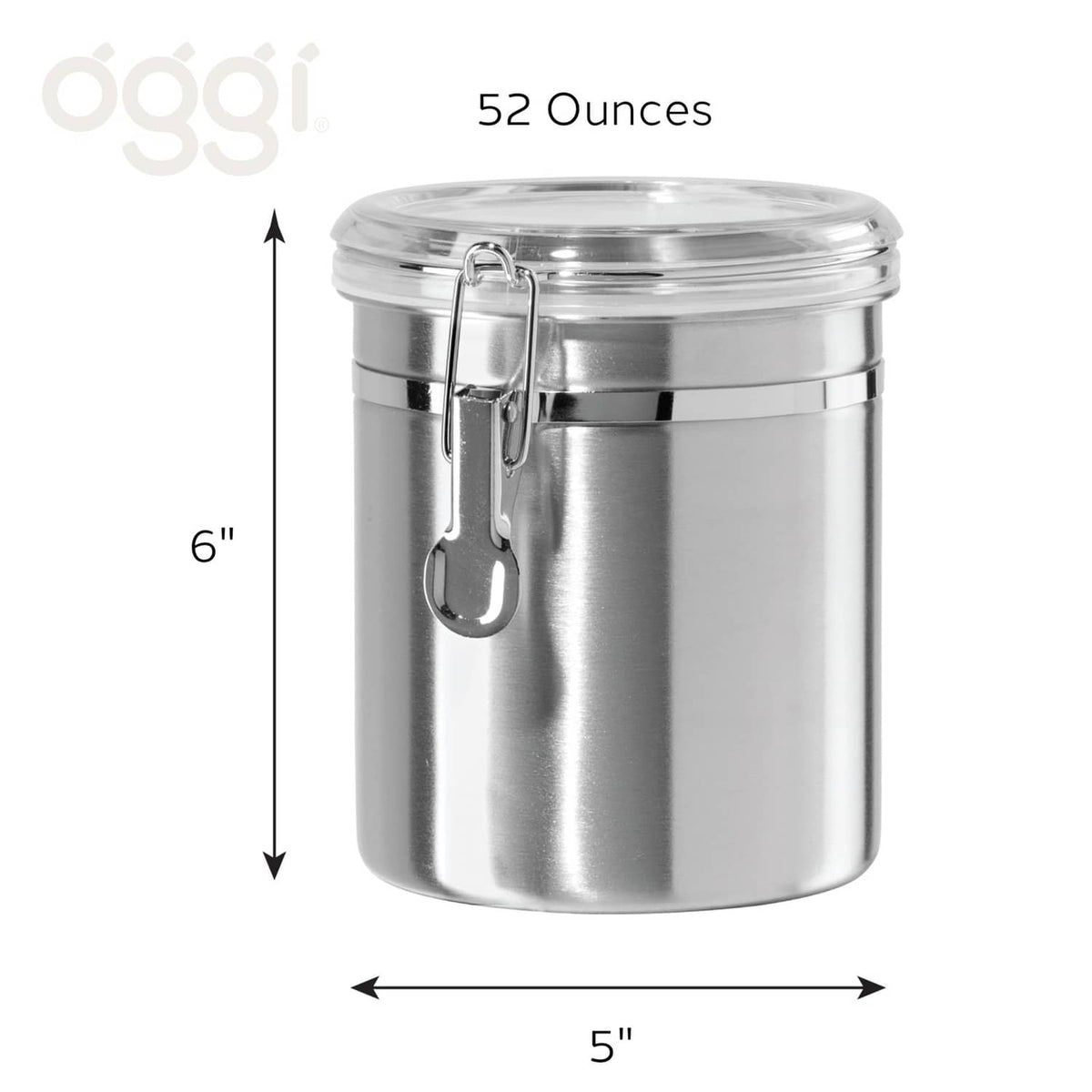 Stainless steel airtight canister with clear lid and metal clamp latch, front view
