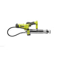 Cordless grease gun with black hose, chrome barrel, and green tool body