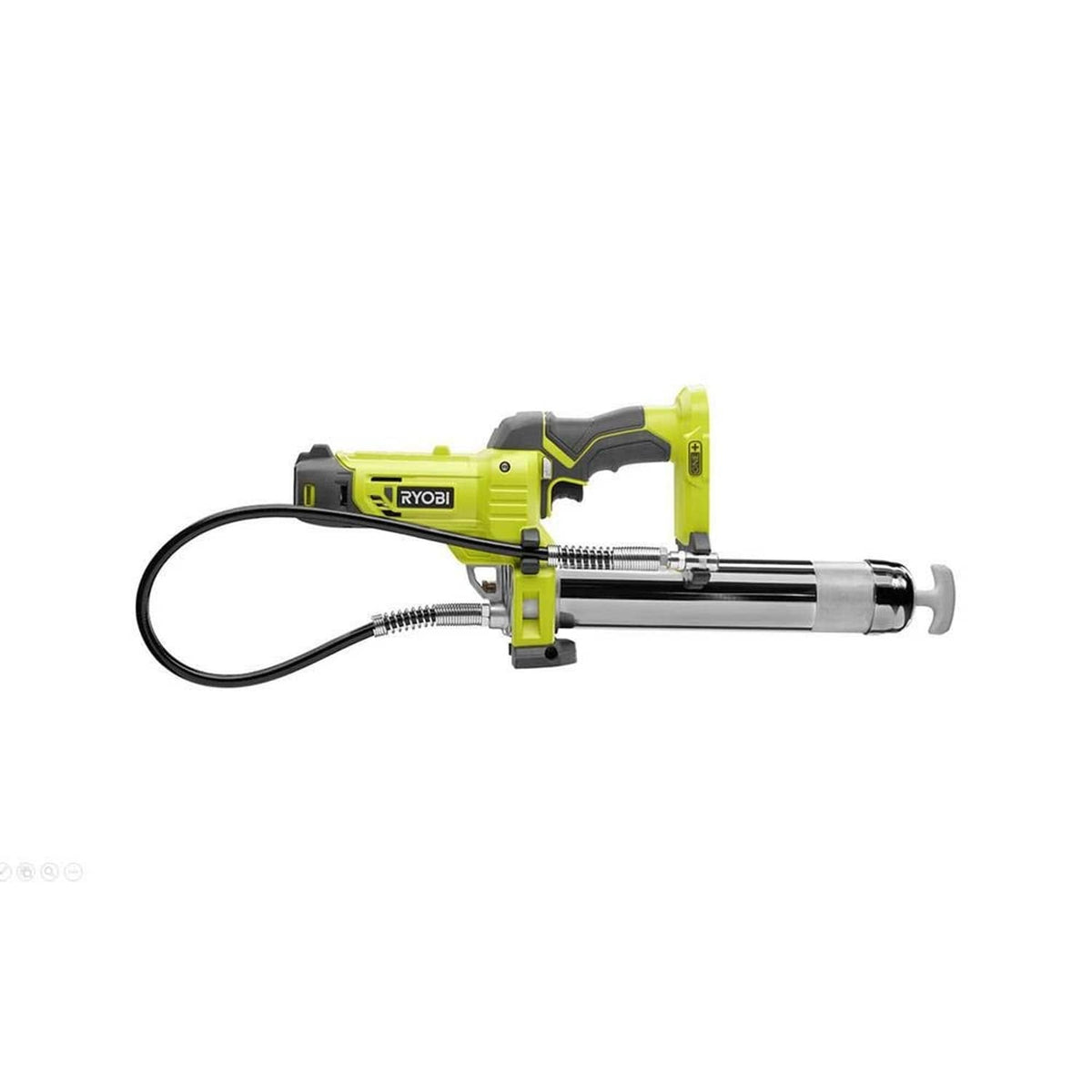 Cordless grease gun with black hose, chrome barrel, and green tool body