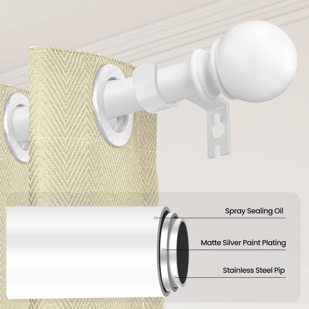 White curtain rod with mounting bracket and round end finial